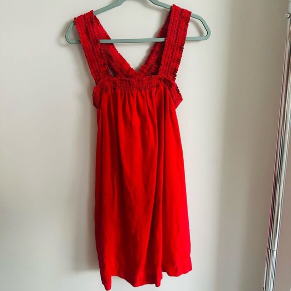 EVERLANE Smocked Linen Dress in Red Size Medium Adjustable Fit - Picture 4 of 11